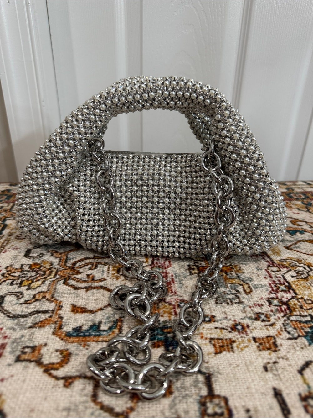 Stuart Weitzman Silver Crystal-Embellished Mini Top-Handle Bag
